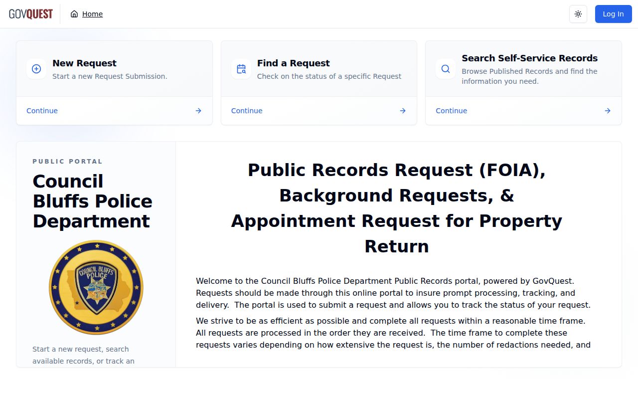 Council Bluffs Police GovQuest public records portal