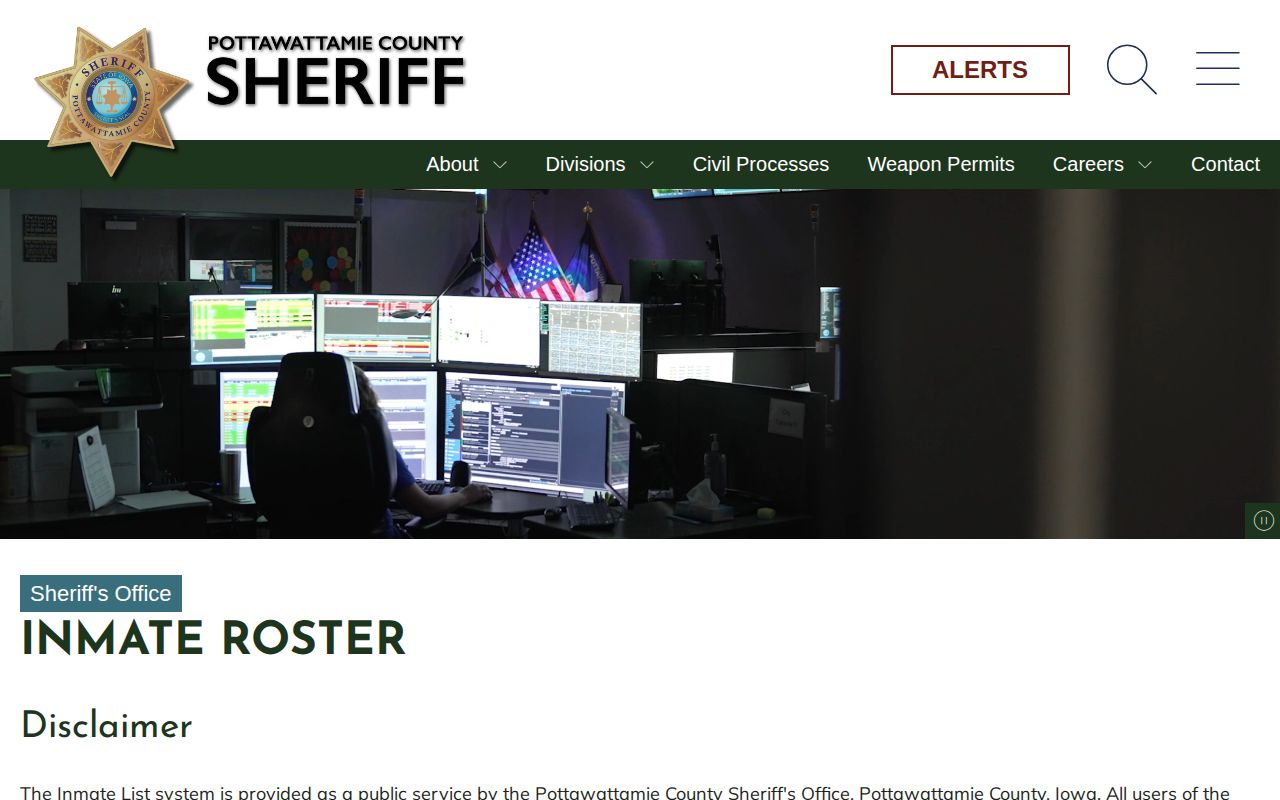 Pottawattamie County Sheriff inmate roster landing page with official notices