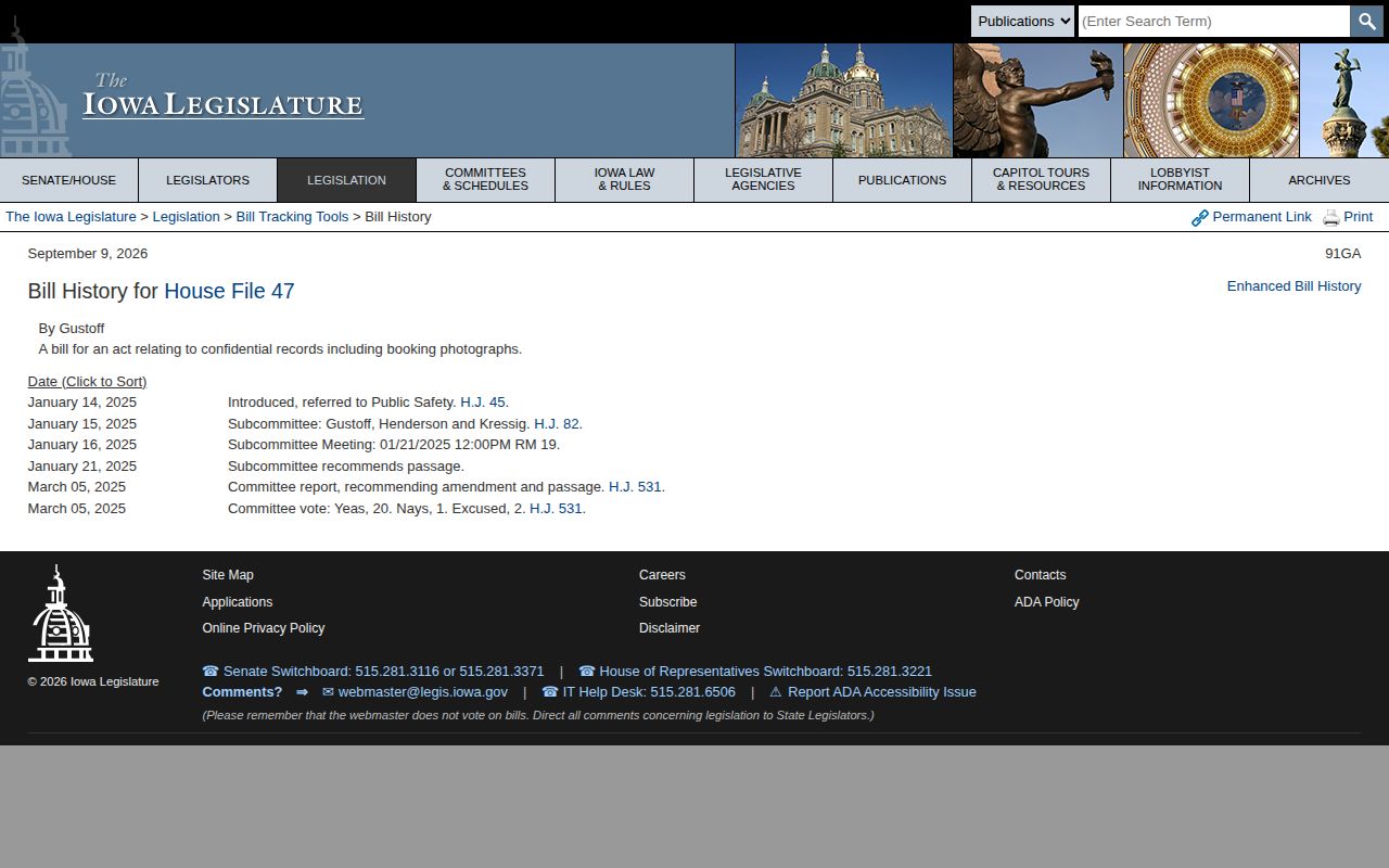 Iowa Legislature HF47 proposed booking-photo policy history