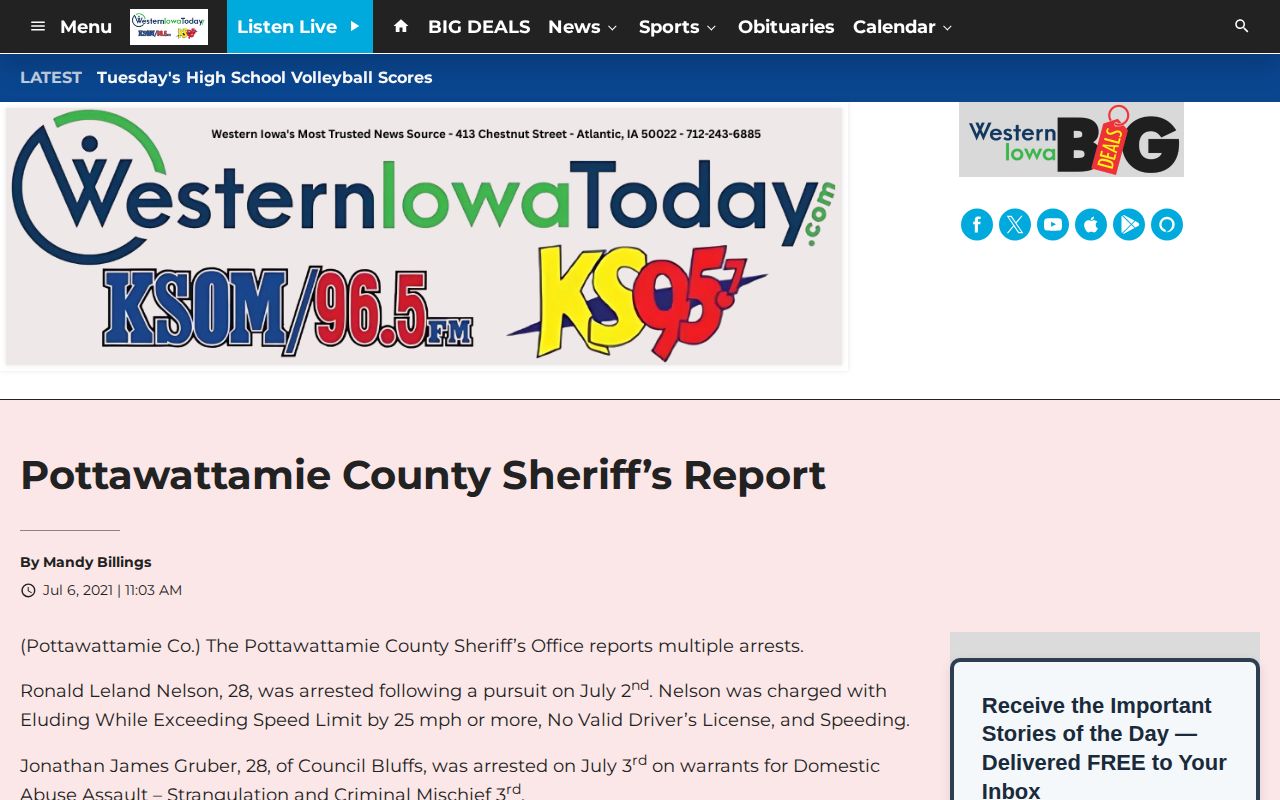 Western Iowa Today dated Pottawattamie County sheriff report page