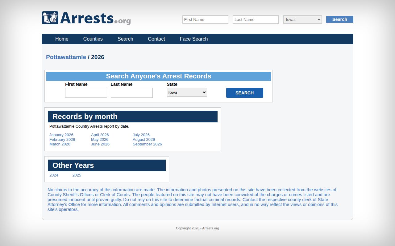 Unofficial Arrests.org Pottawattamie County 2026 monthly archive interface