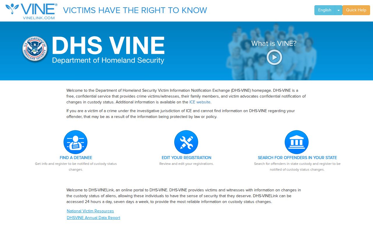 DHS VINE federal and immigration custody service interface